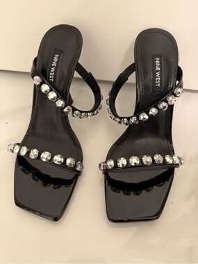 Nine West Black Patent Jeweled Two-Strap Heels